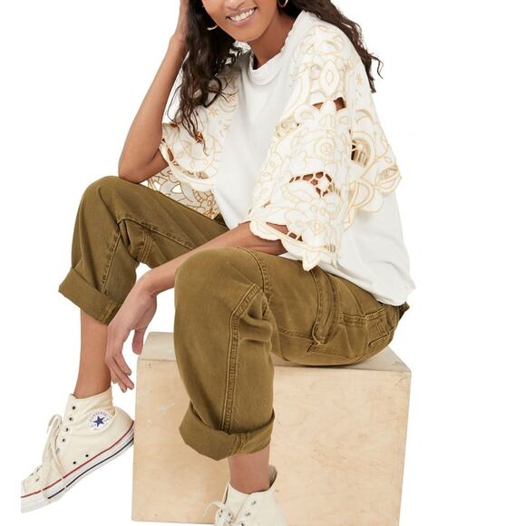 NWT Free People Lace Flare Sleeve Top White Embroidered Trimmed Sleeves S $148 - Picture 2 of 6